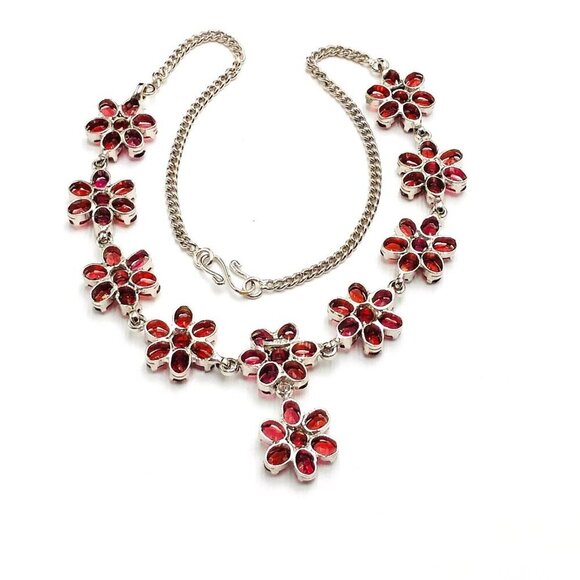 Womens Necklace Red Garnet  Sterling Silver Statement Flower Design Estate - Picture 4 of 4